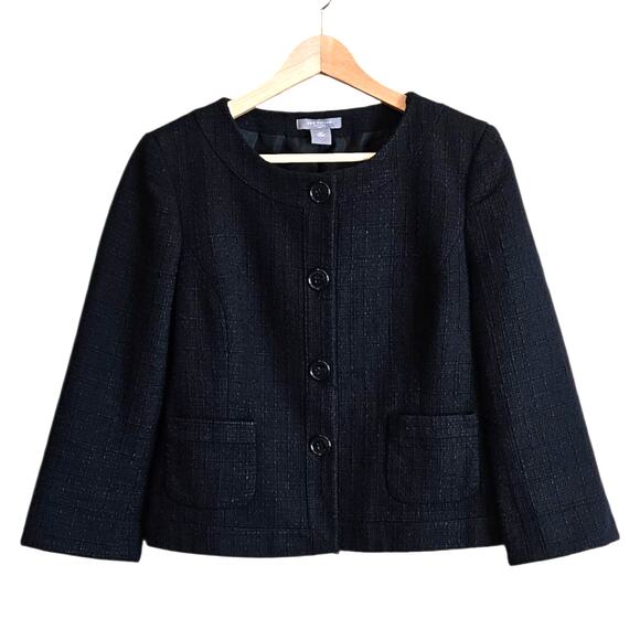 Ann Taylor Blazer Tweed Button Down Scoop Neck Black Women's 12 Petite - Picture 1 of 8